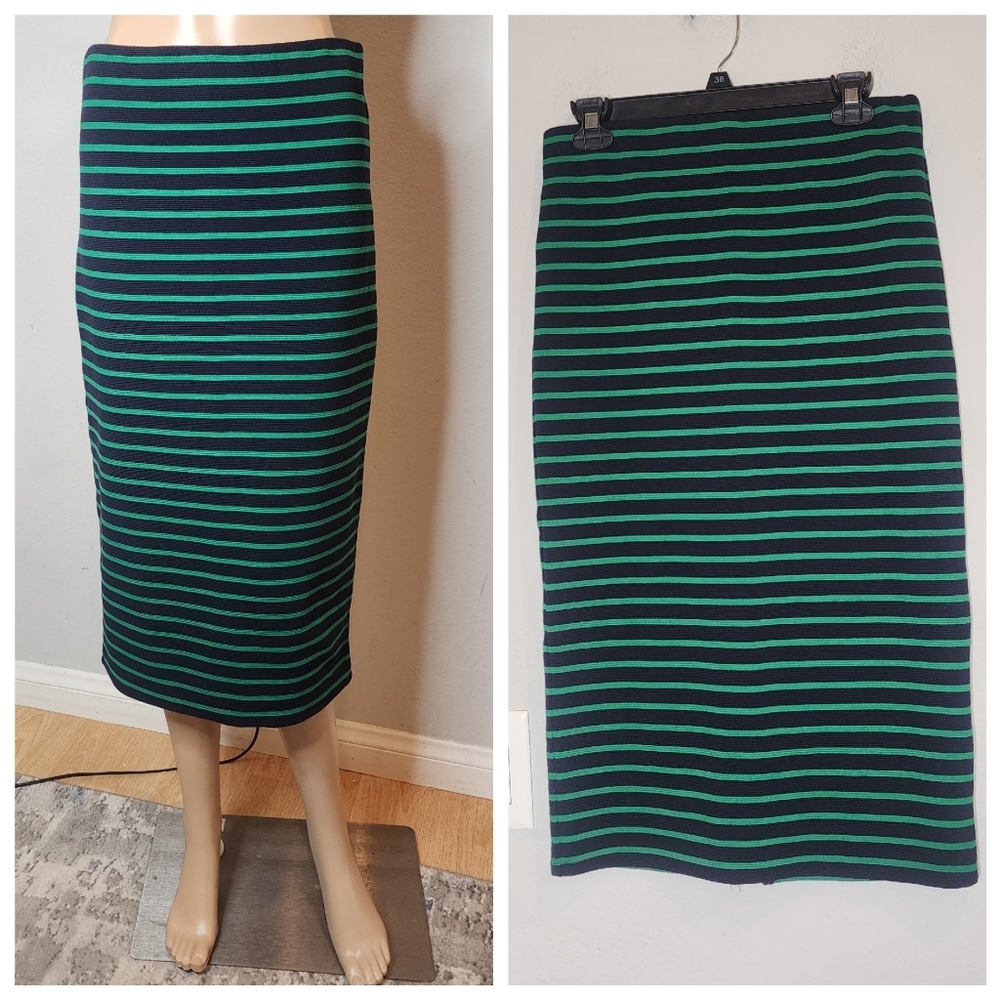 Ann Taylor Loft Stretch Knit Pull On Midi Skirt Blue Green Stripe Size small